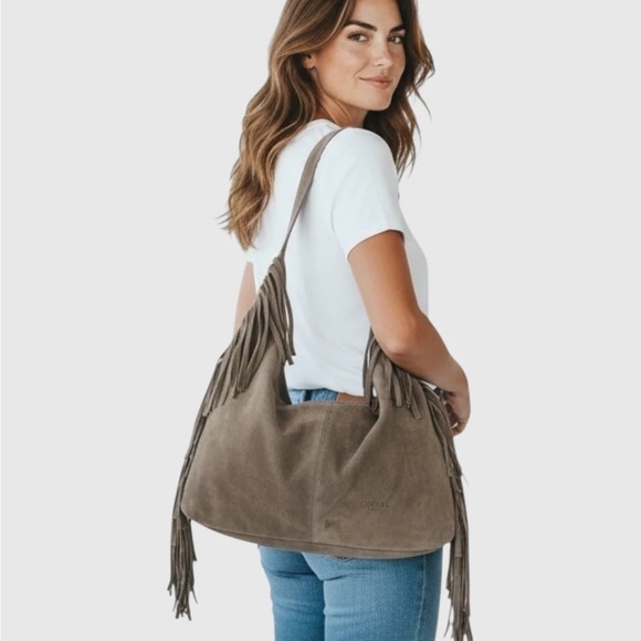 Genuine Leather Burgundy Purple Suede Fringe Hobo Shoulder Bag - Picture 7 of 8